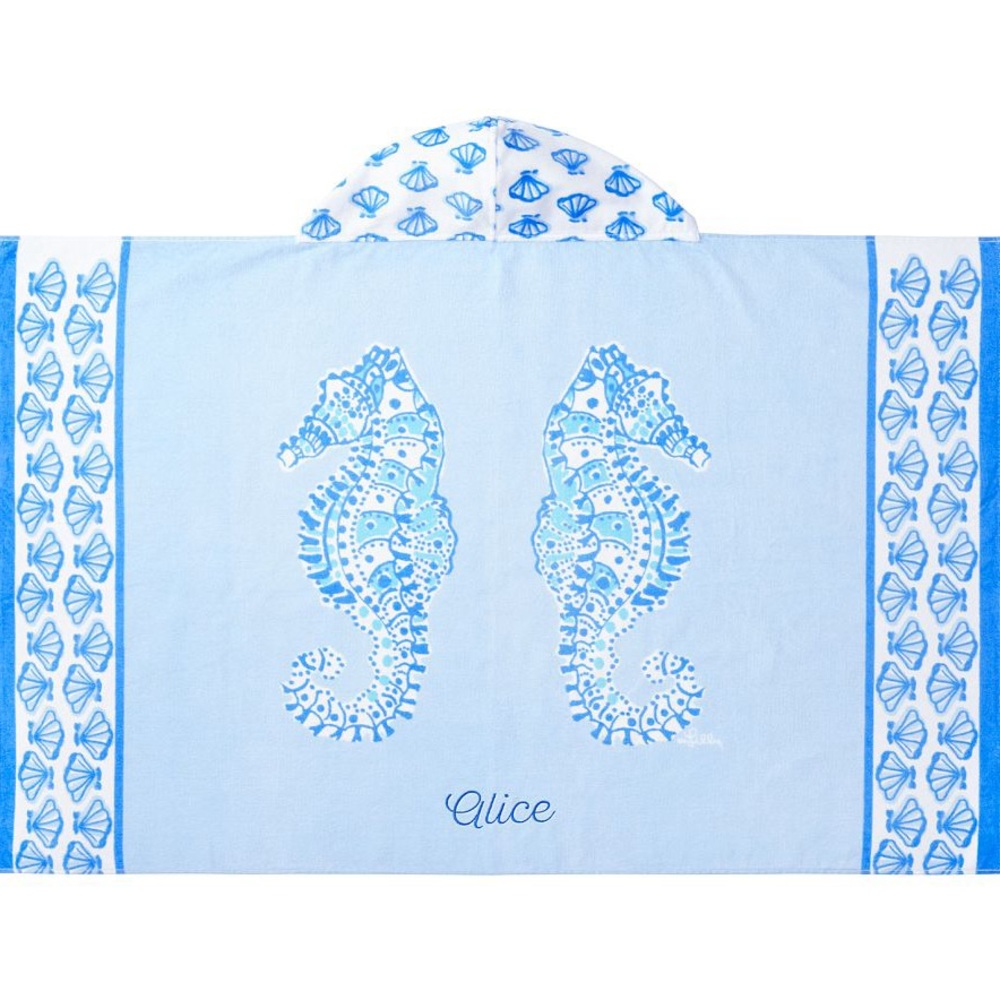 Lilly Pulitzer Blue Seahorse Kid Beach Hooded Towel UPF 50+